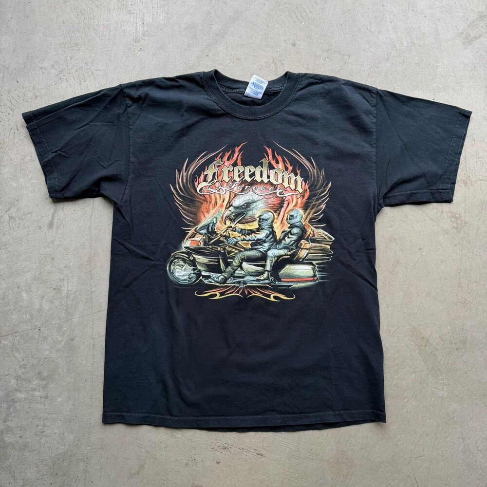 VTG Y2K Gildan Freedom Forever Shirt Sz Large Bald Eagle Biker America Flames